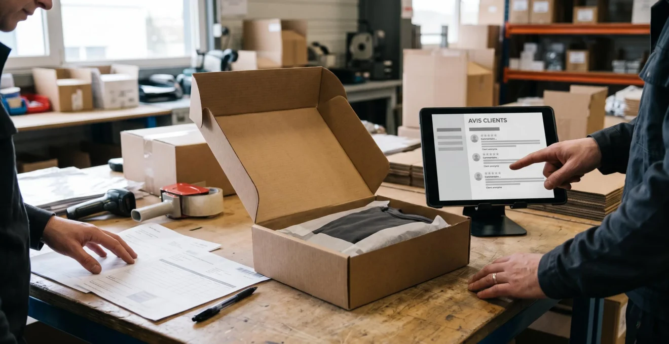 Fiche produit visible près d’un emballage réel et d’une collecte sobre de retours de clients.