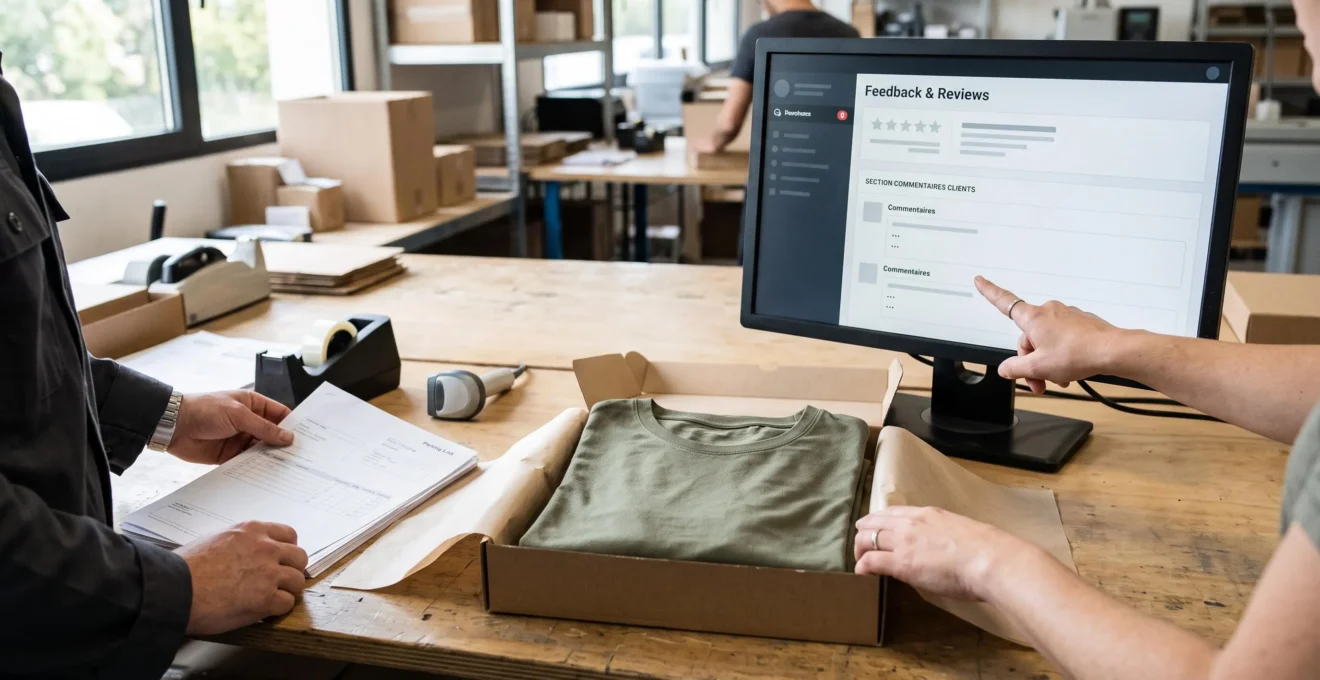 Fiche produit visible près d’un emballage réel et d’une collecte sobre de retours de clients.