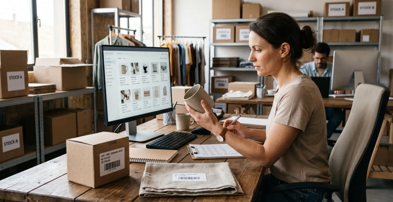 Vue éditoriale réaliste d’une équipe technique contrôlant les informations d’un catalogue de produits sur plusieurs supports.