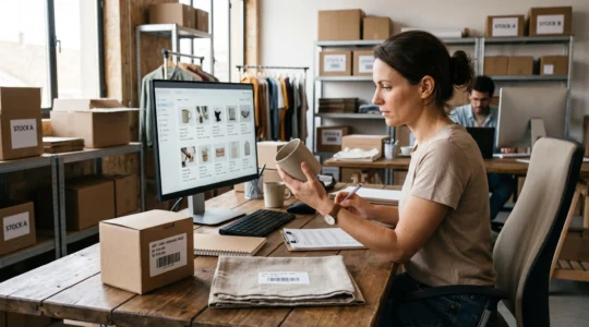 Vue éditoriale réaliste d’une équipe technique contrôlant les informations d’un catalogue de produits sur plusieurs supports.