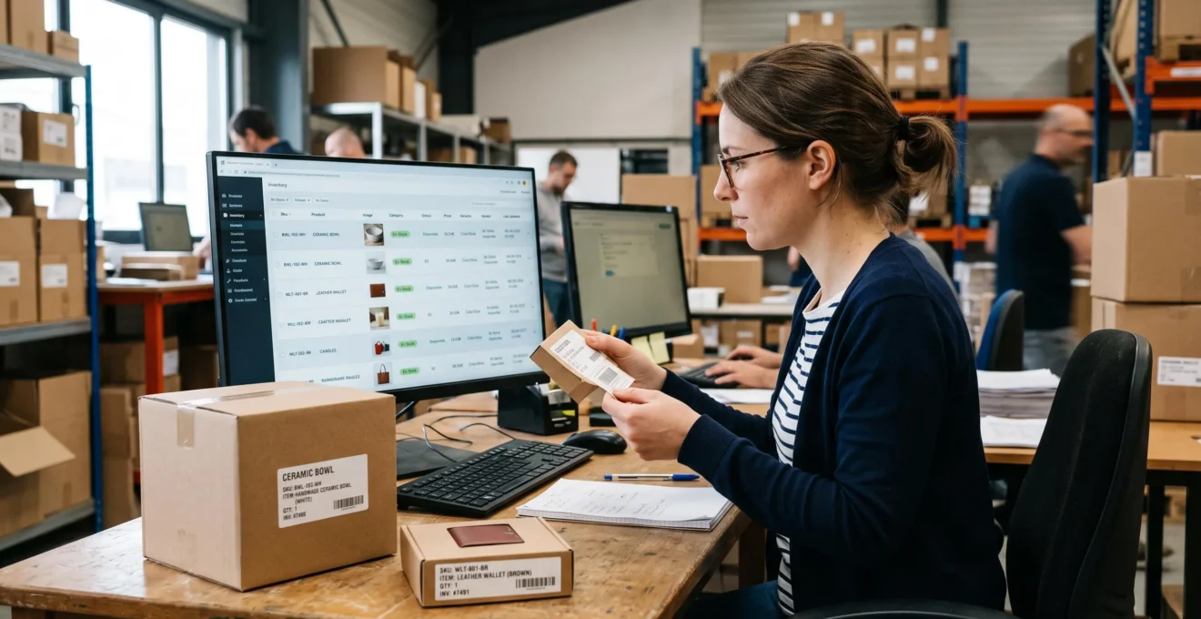 Vue éditoriale réaliste d’une équipe technique contrôlant les informations d’un catalogue de produits sur plusieurs supports.