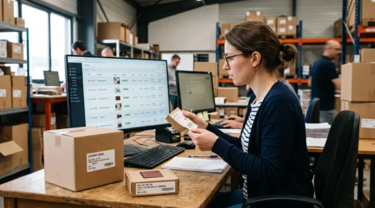 Vue éditoriale réaliste d’une équipe technique contrôlant les informations d’un catalogue de produits sur plusieurs supports.