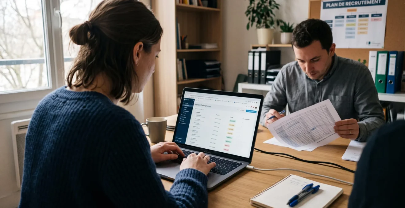 Une coordinatrice RH gère des candidatures sur un logiciel de suivi depuis son bureau.