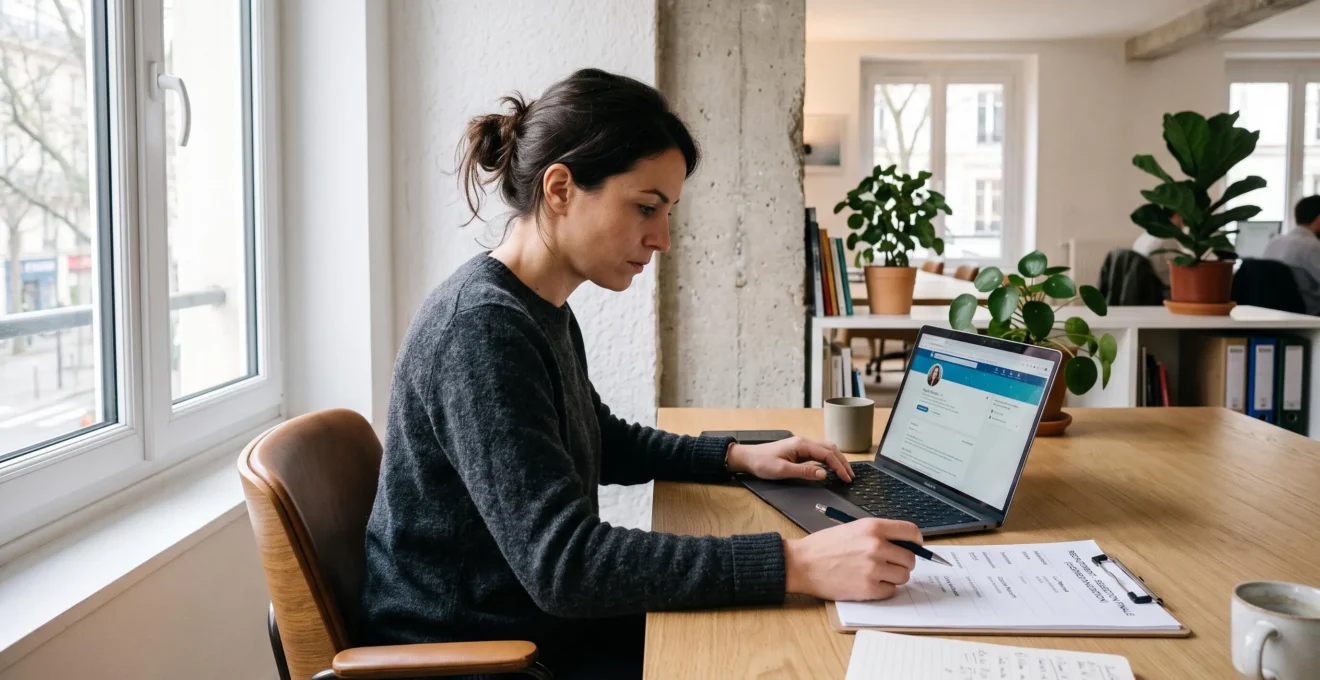 Une chargée de recrutement compare des candidats sur un ordinateur portable dans un bureau.