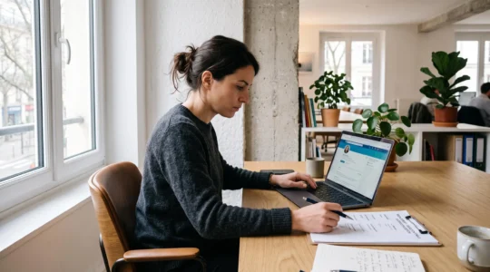 Une chargée de recrutement compare des candidats sur un ordinateur portable dans un bureau.