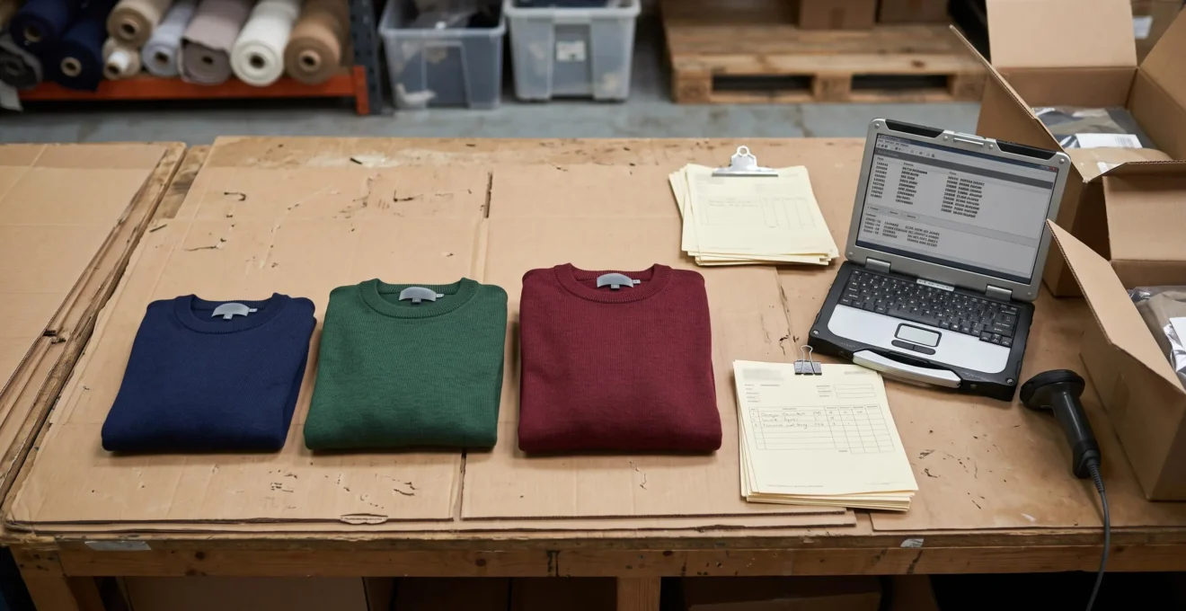Organisation de produits de tailles et couleurs différentes avec étiquettes distinctes et fiches associées.